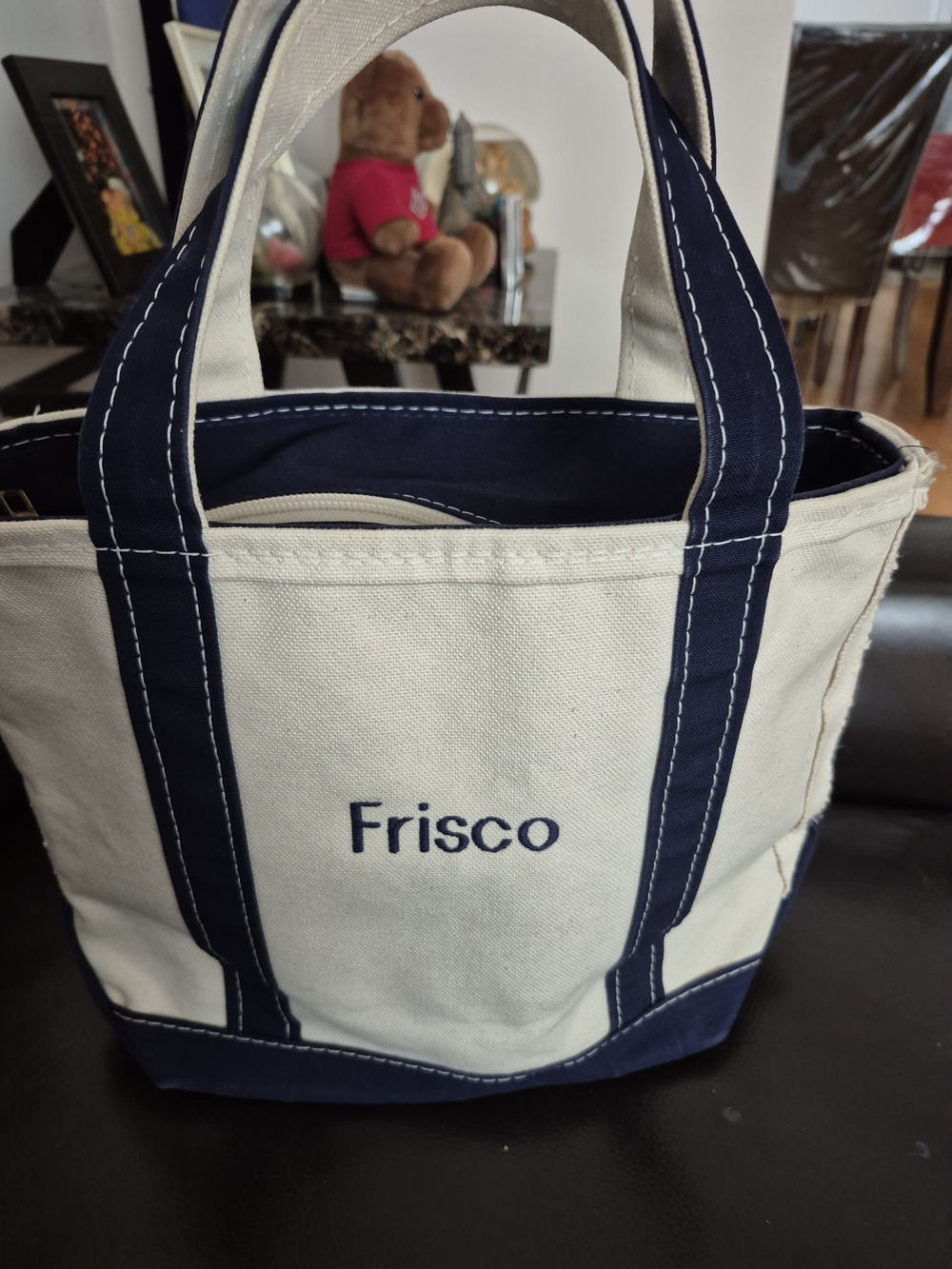 LL Bean Frisco Canvas Tote Bag in Navy and Cream